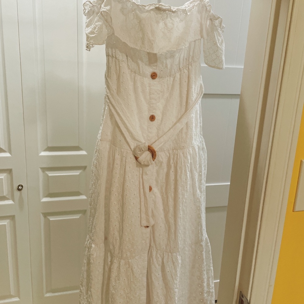 Zara embroidered off shoulder midi dress with belt